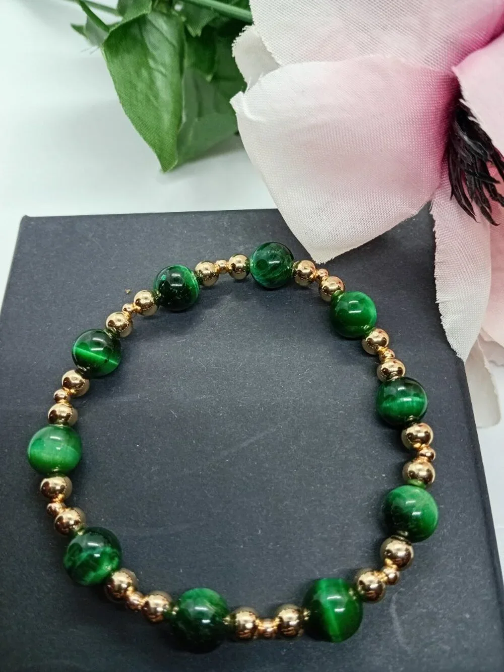 Green Tiger’s Eye Stretch Bracelet 14K Gold Filled | Elite Wealth Growth Focus